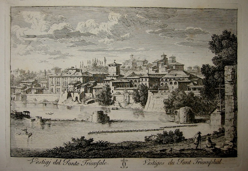 Calcografia di Giuseppe Vasi Vestigj del Ponte Trionfale 1796 Roma 